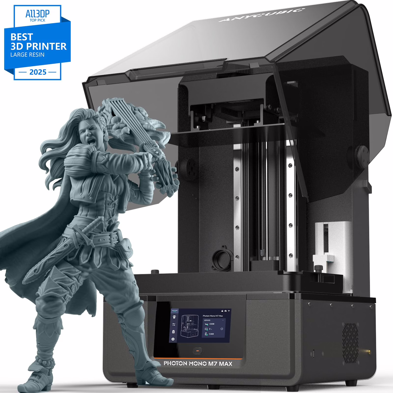 Anycubic 3D-printer-with Eve Fargrace Sinslayer, a miniature from Loot Studios' bundle Flames of Wreath