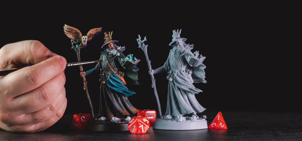 Loot Studio's miniature called Alberus Ribeirus from the bundle Wizards & Sorceres. There are two versions on the image: One painted and one not painted.