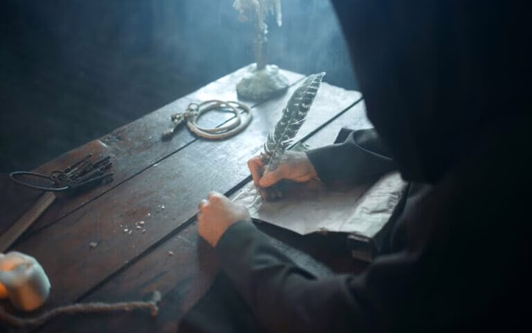 A man writing in a sheet of paper with an feather pen on a wood table